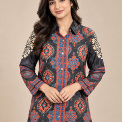 Black Ethnic Printed Natural Crepe Shirt Tunic