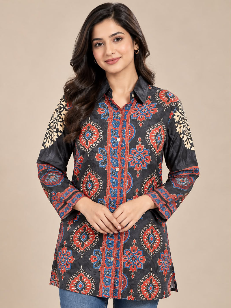 Black Ethnic Printed Natural Crepe Shirt Tunic
