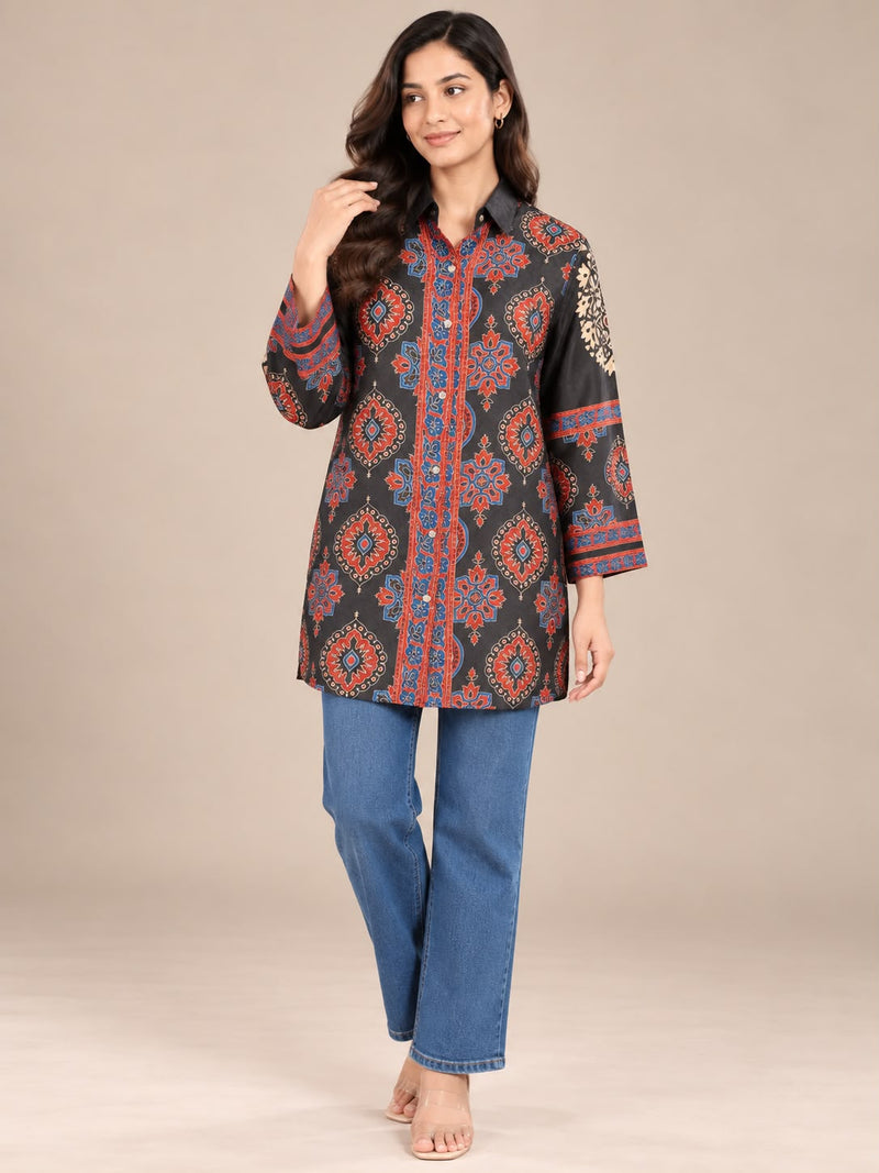 Black Ethnic Printed Natural Crepe Shirt Tunic