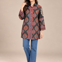 Black Ethnic Printed Natural Crepe Shirt Tunic