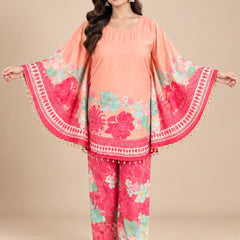Peach Pink Floral Printed Japanese Crepe Kaftan Set