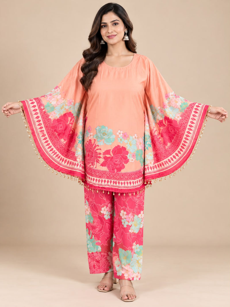 Peach Pink Floral Printed Japanese Crepe Kaftan Set