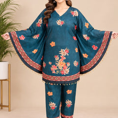 Teal Green Floral Printed Japanese Crepe Kaftan Set