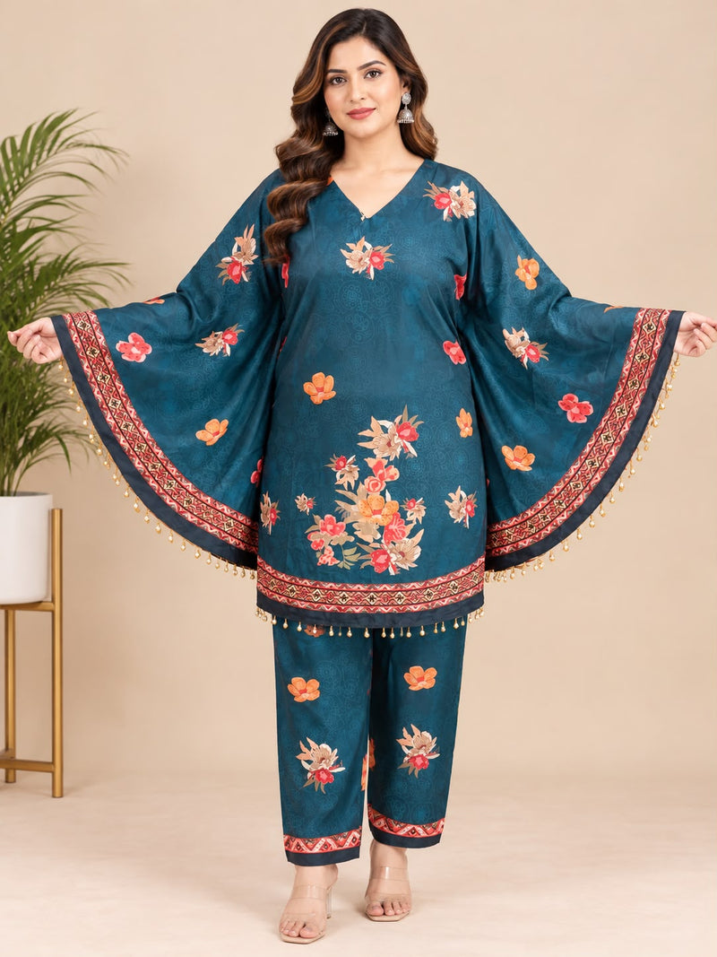 Teal Green Floral Printed Japanese Crepe Kaftan Set