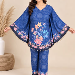 Navy Blue Floral Printed Japanese Crepe Kaftan Set