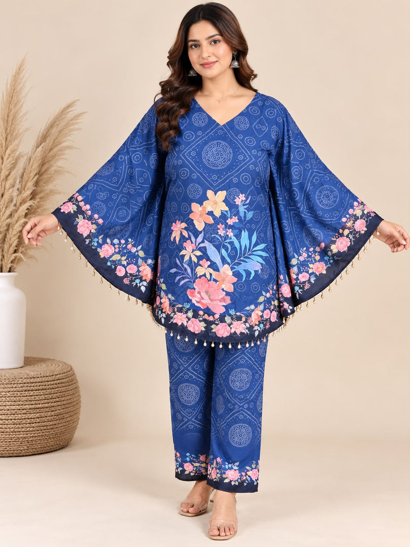 Navy Blue Floral Printed Japanese Crepe Kaftan Set