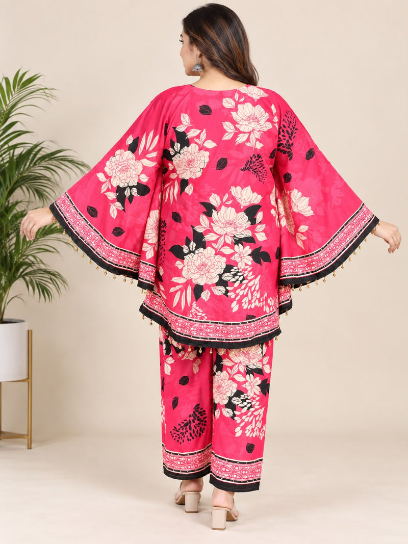 Rani Pink Floral Printed Japanese Crepe Kaftan Set