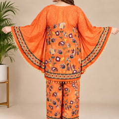 Orange Floral Printed Japanese Crepe Kaftan Set