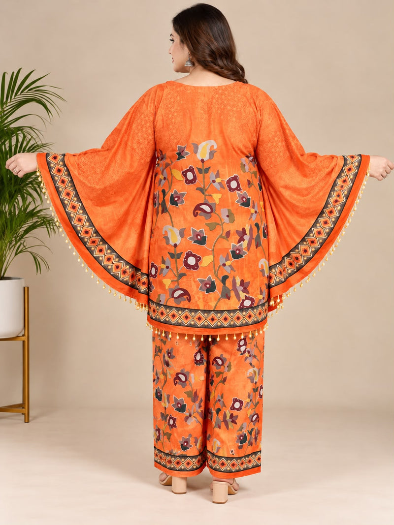 Orange Floral Printed Japanese Crepe Kaftan Set