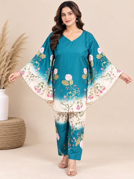 Teal Blue Floral Ombre Japanese Crepe Kaftan Set