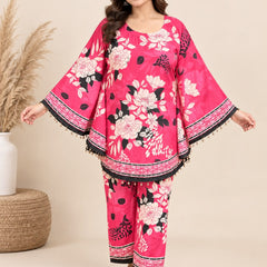 Rani Pink Floral Printed Japanese Crepe Kaftan Set
