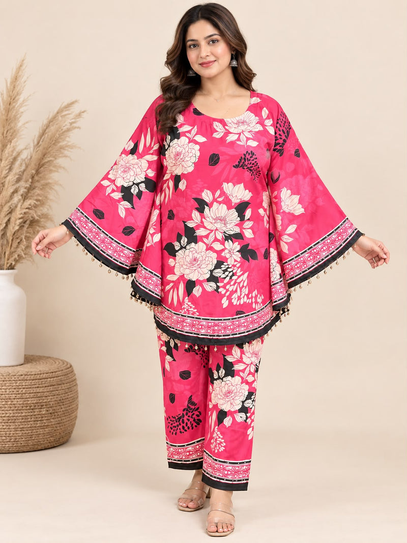 Rani Pink Floral Printed Japanese Crepe Kaftan Set