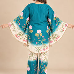 Teal Blue Floral Ombre Japanese Crepe Kaftan Set