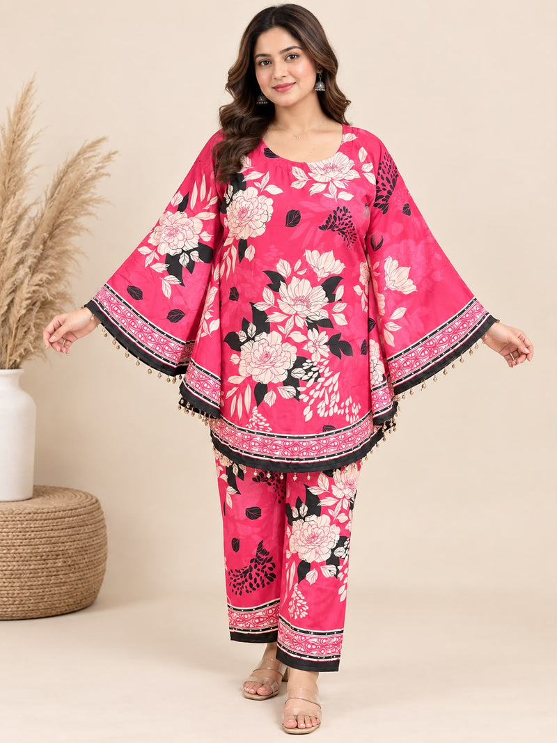 Rani Pink Floral Printed Japanese Crepe Kaftan Set