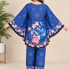 Navy Blue Floral Printed Japanese Crepe Kaftan Set