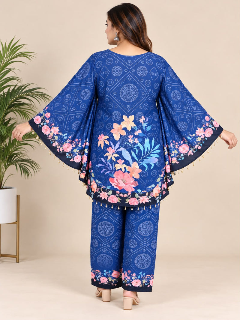 Navy Blue Floral Printed Japanese Crepe Kaftan Set