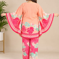 Peach Pink Floral Printed Japanese Crepe Kaftan Set