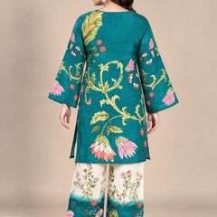 Teal Floral Printed Natural Crepe Co-Ord Set for Women
