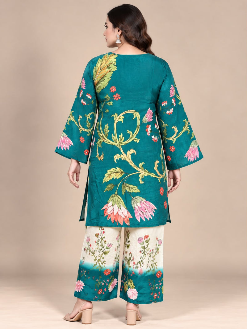Teal Floral Printed Natural Crepe Co-Ord Set for Women