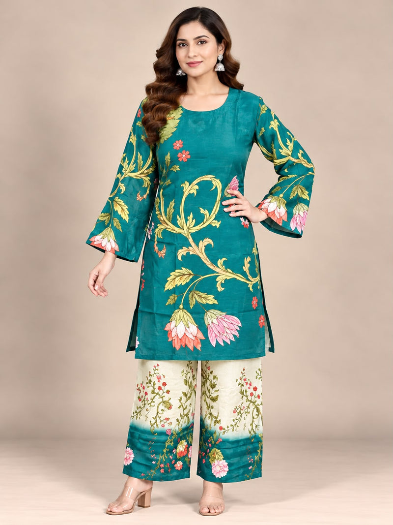 Teal Floral Printed Natural Crepe Co-Ord Set for Women
