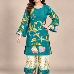 Teal Floral Printed Natural Crepe Co-Ord Set for Women