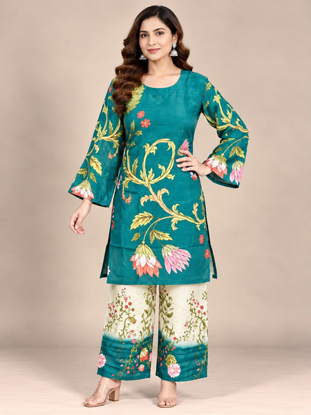 Teal Floral Printed Natural Crepe Co-Ord Set for Women