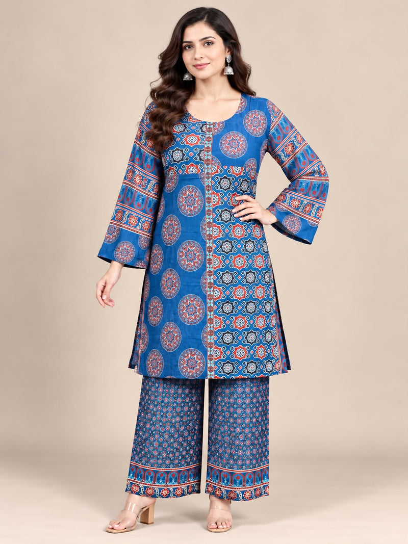 Blue Geometric Printed Natural Crepe Co-Ord Set