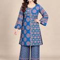Blue Geometric Printed Natural Crepe Co-Ord Set