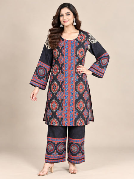 Black Geometric Printed Natural Crepe Co-Ord Set