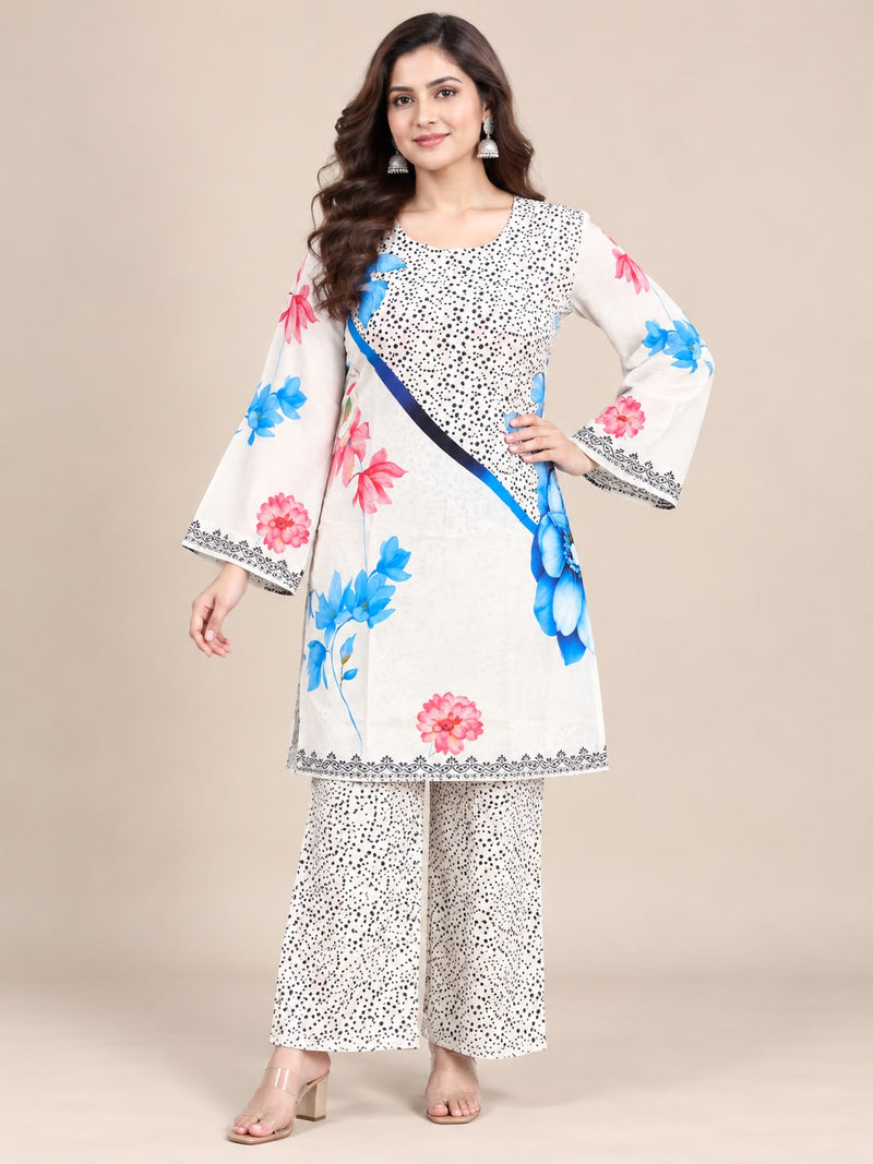 White Floral Printed Natural Crepe Co-Ord Set