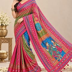 Ruaati Rashmika Digital Print MultiColor Saree Designer Pink Border