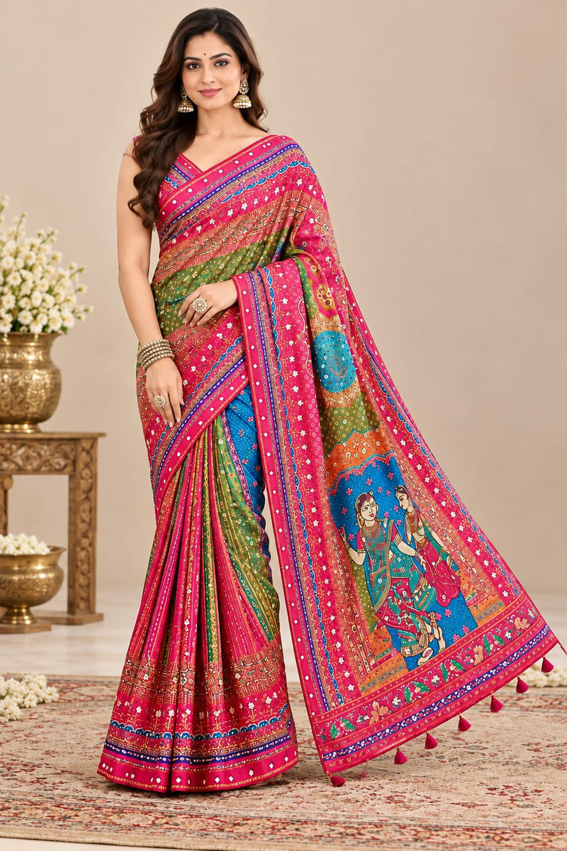 Ruaati Rashmika Digital Print MultiColor Saree Designer Pink Border