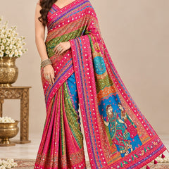 Ruaati Rashmika Digital Print MultiColor Saree Designer Pink Border