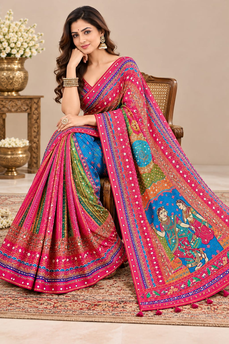 Ruaati Rashmika Digital Print MultiColor Saree Designer Pink Border