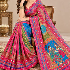Ruaati Rashmika Digital Print MultiColor Saree Designer Pink Border