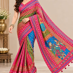 Ruaati Rashmika Digital Print MultiColor Saree Designer Pink Border