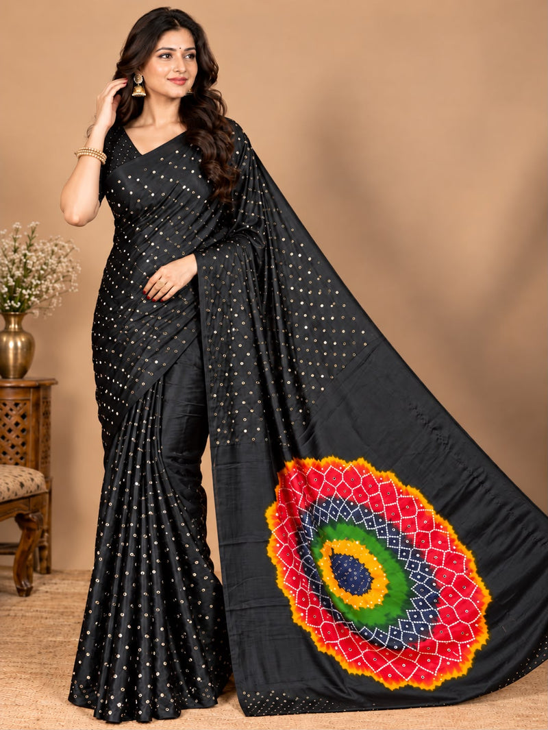 Premium Modal Silk Black Saree with Mirror Work & Designer Border