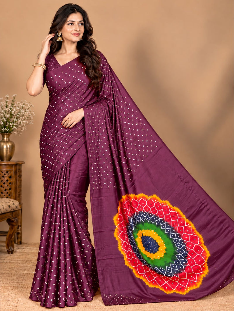 Premium Modal Silk Wine Color Saree with Mirror Work & Designer Border