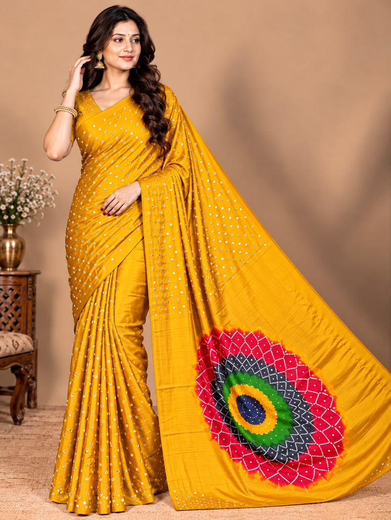 Premium Modal Silk Yellow Color Saree with Mirror Work & Designer Border