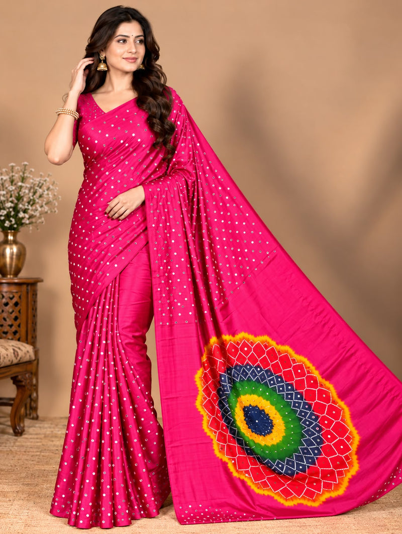 Premium Modal Silk Pink Color Saree with Mirror Work & Designer Border