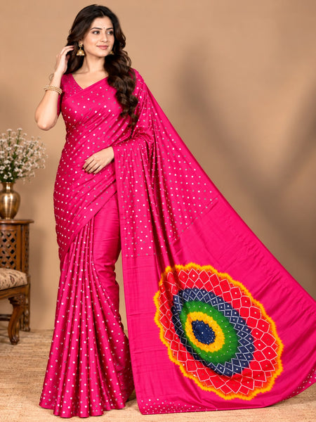 Premium Modal Silk Pink Color Saree with Mirror Work & Designer Border