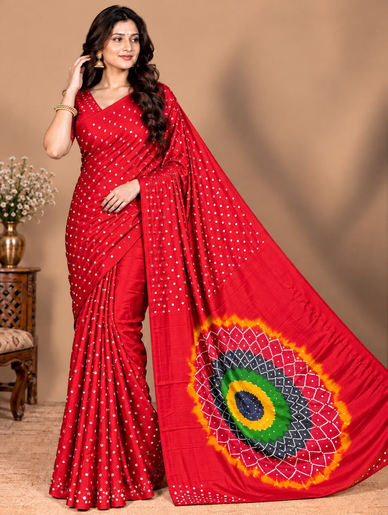 Premium Modal Silk Red Color Saree with Mirror Work & Designer Border