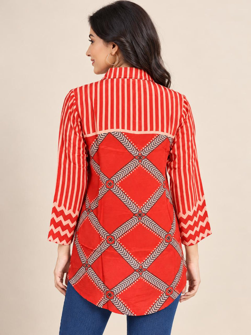 Red Striped and Geometric Printed Natural Crepe Shirt for Women