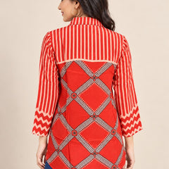 Red Striped and Geometric Printed Natural Crepe Shirt for Women