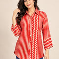 Red Striped and Geometric Printed Natural Crepe Shirt for Women