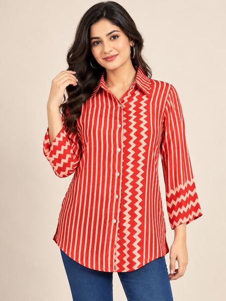 Red Striped and Geometric Printed Natural Crepe Shirt for Women
