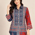 Navy Blue and Rust Printed Natural Crepe Shirt for Women