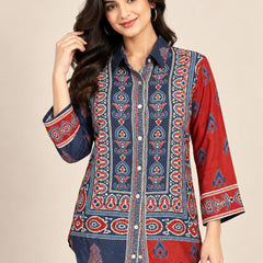 Navy Blue and Rust Printed Natural Crepe Shirt for Women