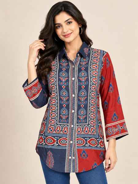 Navy Blue and Rust Printed Natural Crepe Shirt for Women