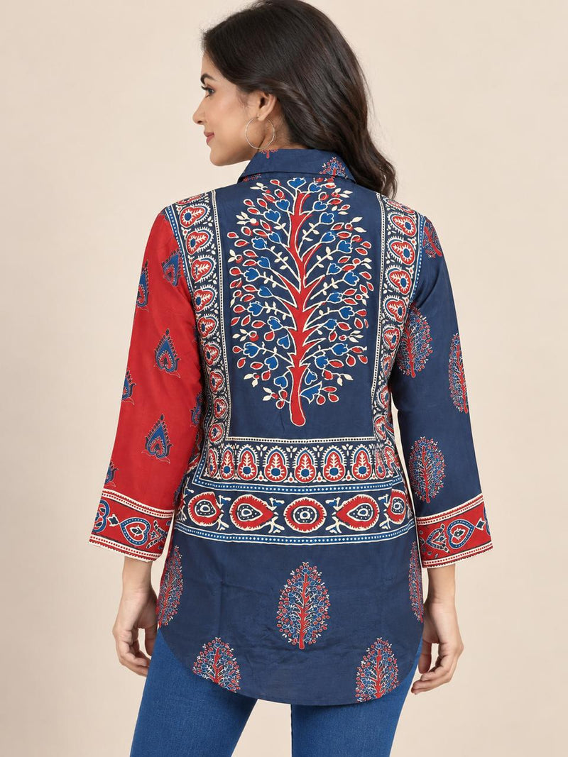 Navy Blue and Rust Printed Natural Crepe Shirt for Women
